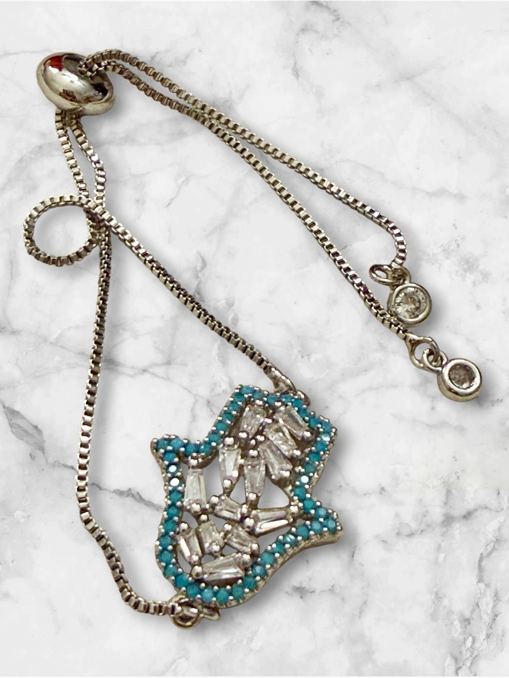 Silver Hamsa Pendant Bracelet with Turquoise and Clear CZ Stones. NWOT